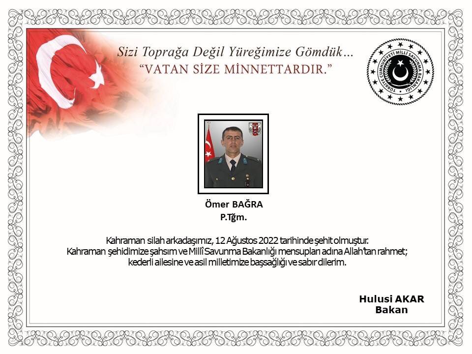 MSB’den acı haber! Pençe-Kilit bölgesinden Teğmen Ömer Bağra şehit oldu