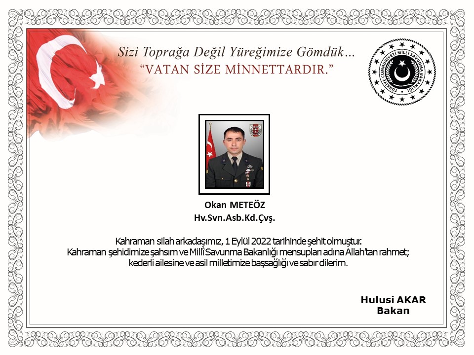 MSB’den acı haber; Pençe Kilit operasyon bölgesinde 1 askerimiz şehit düştü